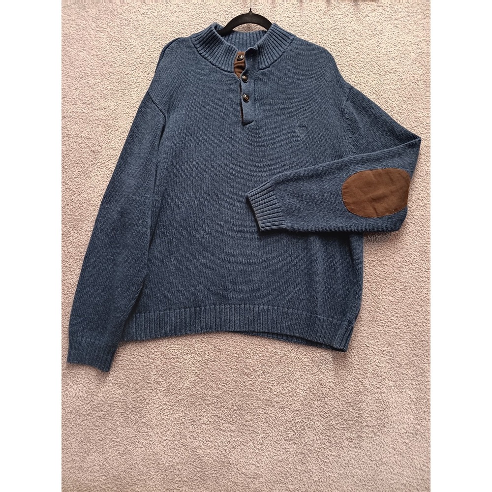 Chaps Shawl Collar Henley Sweater Men XXL Blue Cotton Elbow Patch Golf Heritage